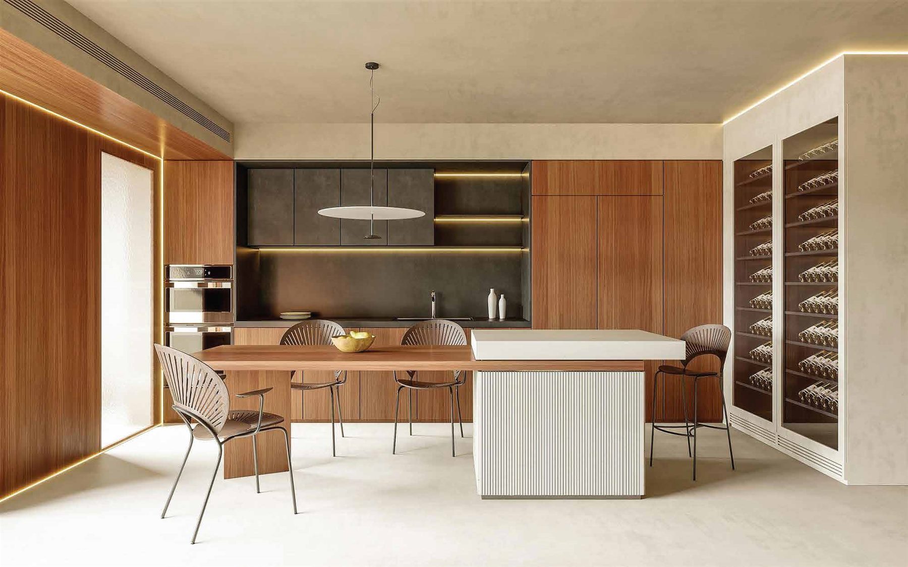 Dapur dengan kabinet lamina HPL ira kayu dan hitam